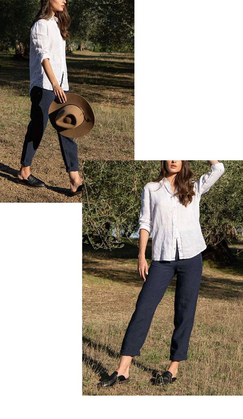 100% Linen White Shirts And Blouses Turn Down Collar Long Sleeve Tops  Chic Elegant Ol Women'S Shirt Camisas De Mujer
