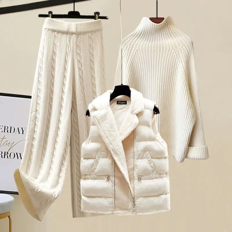 Arge Size Women's Autumn and Winter Set 2024 New Cotton Vest Knitted Sweater Versatile Wide Leg Pants Three Piece Set Pant Sets