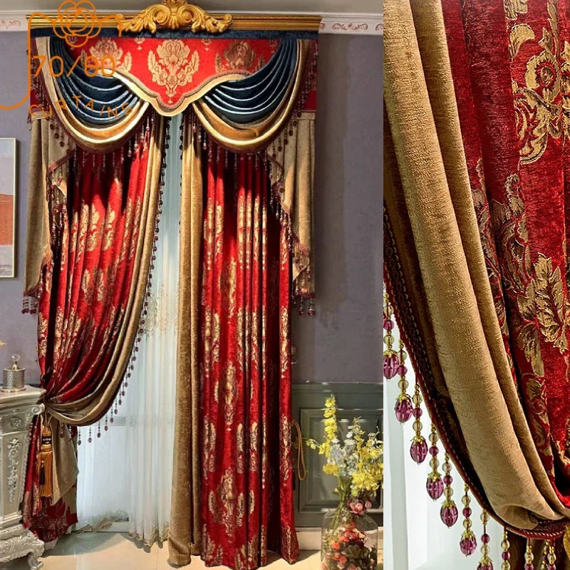 Red Gilded Jacquard Thickened Chenille Patched Curtains for Living Room Bedroom French Window Villa Customization Valance