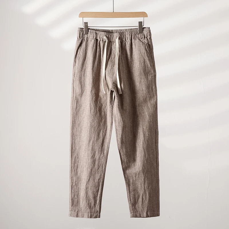 Cotton and Linen Comfortable Men's Fashion Trend Summer Pure Straight Stripe Thin Breathable Solid Color Loose Casual Pants