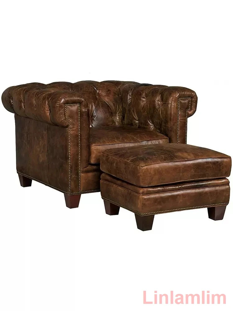 MANBAS Chesterfield Sofa | Top Graded Genuine Leather Sectional Living Room Sofa American Style Oil Wax Leather 3-Seater Couch