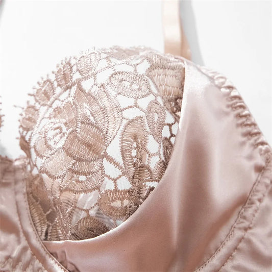 Aduloty Women Sexy Underwear Exquisite Embroidery Lace Satin Splice Thin Bra Seduction Erotic Lingerie Lace Up Three Piece Set