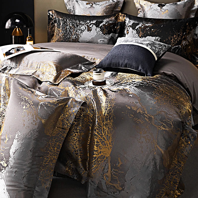 Luxury Silver Gray gold Satin Jacquard Bedding Set 1000TC Egyptian Cotton Queen King Size Duvet Cover Set Bed Sheet Pillowcases