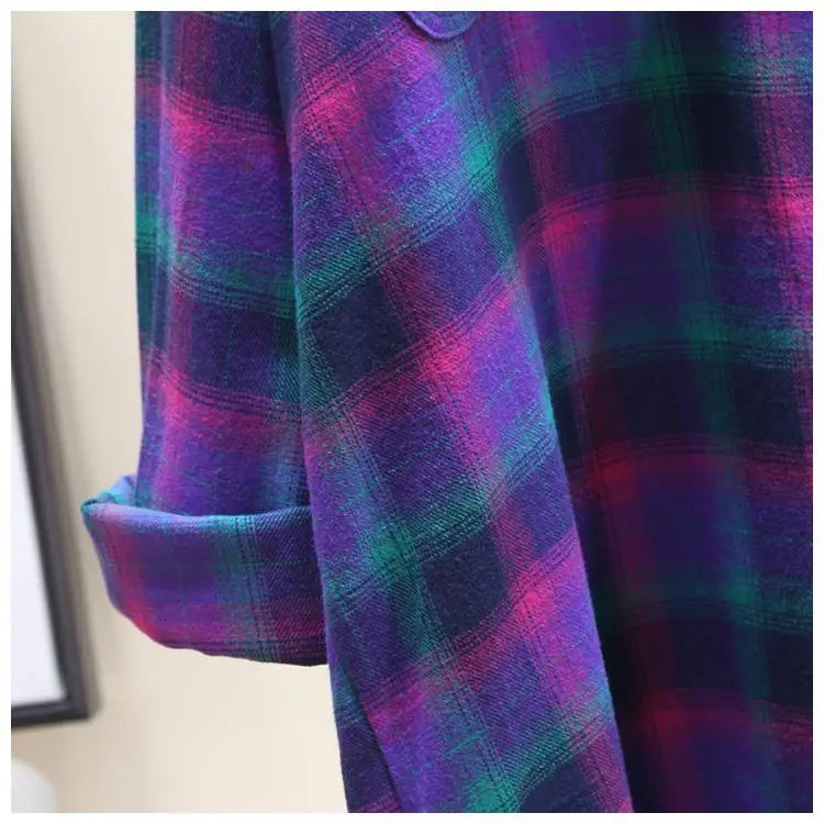 Fashion Women's Blouses Contrasting Colors Plaid Polo-Neck Shirt Female 2022 Autumn Korean Loose Long Sleeve Casual Pockets Tops