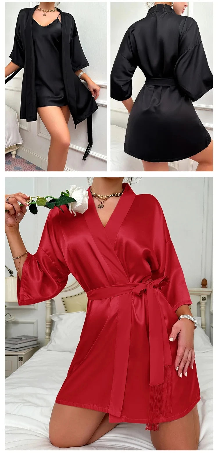 Silk Satin Women Nightgown Set Sleeveless V Neck Dress & Quarters Sleeves Waist Belt Robe 2 Pieces Female Sleepwear Nightwear