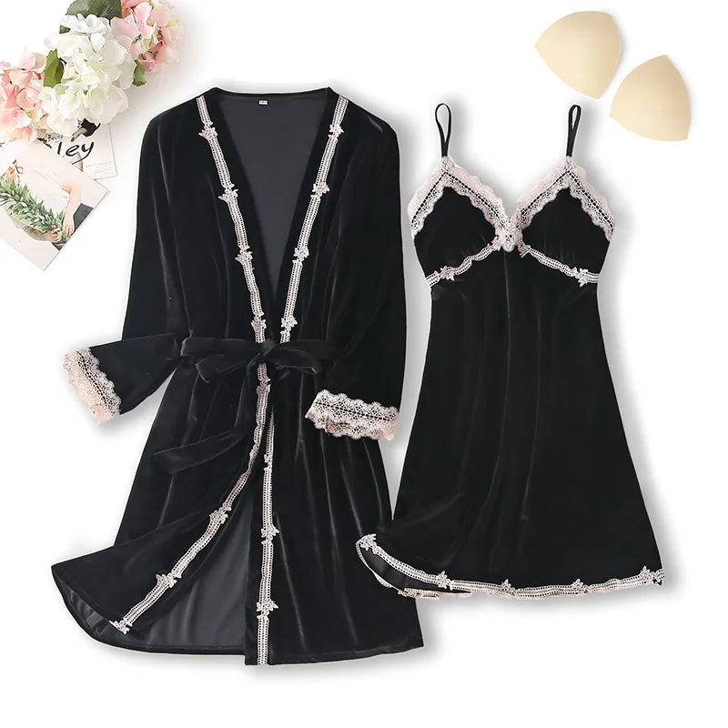 Sexy Velvet Women Wedding Robe Nightgown Set Autumn Velour Kimono Bathrobe Gown Sleepwear Loose Home Dressing Gown Lounge Wear