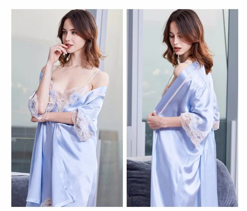 19 momme Pure Silk Lace Chemise Nightgown and Robe Set Ladies Two-Piece Luxury Satin Home Suit for Women Sexy Silk Pajamas Woman