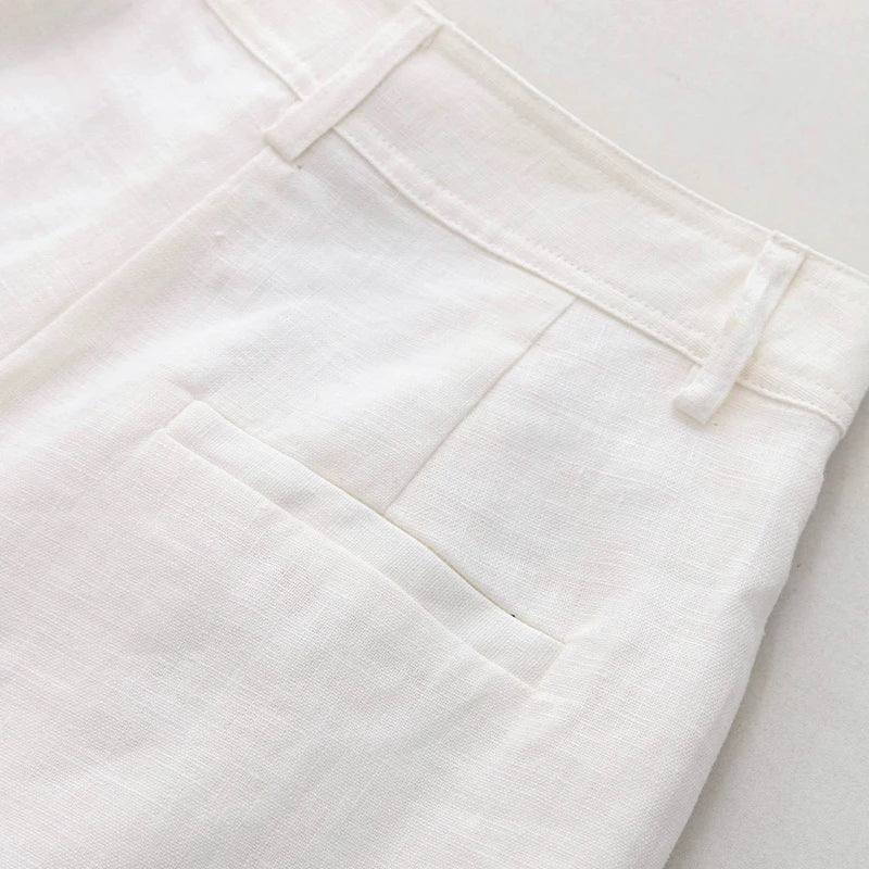 2024 Summer 100% Linen Women'S Shorts Casual High Waist Wide Leg Button Up Elegant Ol Short Pants Femme