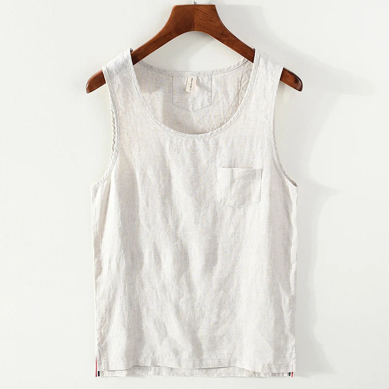100% Linen Sleeveless Tank Top for Men Summer Solid Breathable Vest Tees Casual Man Vests