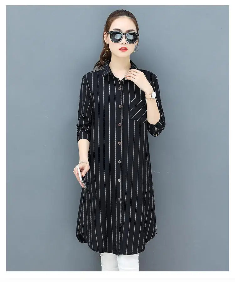 Casual Korean Midi Striped Print Shirt for Female Turn-down Collar Single-breasted Fashion Long Sleeve Blouse Women's Clothing