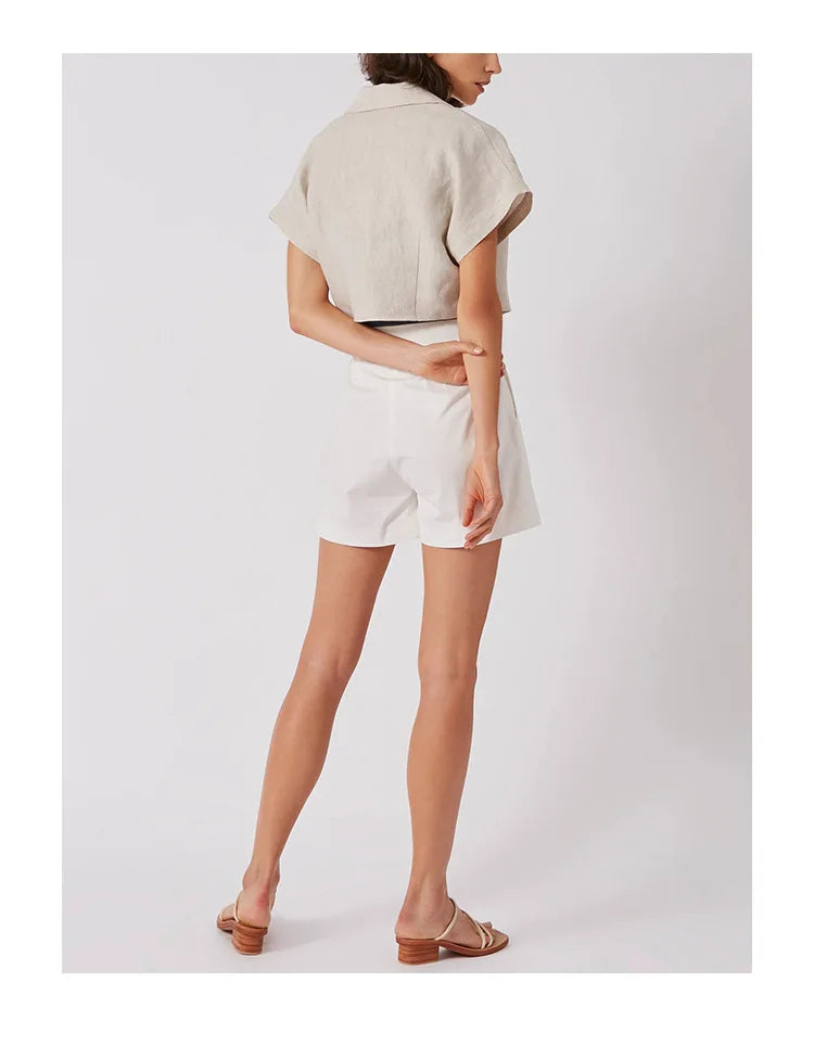 100% Linen Women'S Shirt Vintage Notched Collar Short Sleeve Button Up Shirts Elegant Fashion Woman Blouses 2024 Blusas Feminina