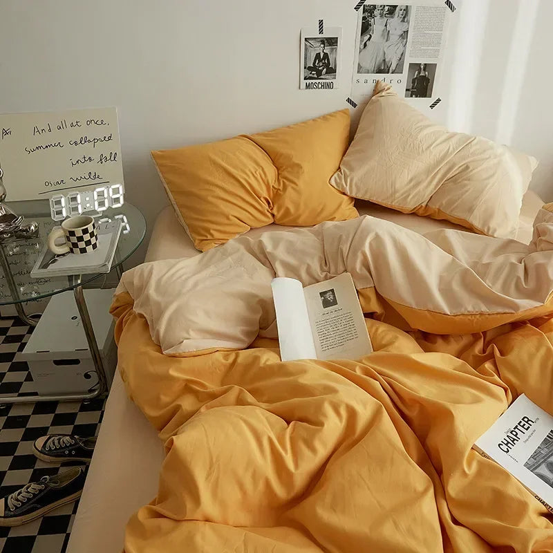 High Quality Solid Color Double Washed Cotton Bedding 4 Pieces Set Student Dormitory Bed Linen Duvet Set Bed Suit