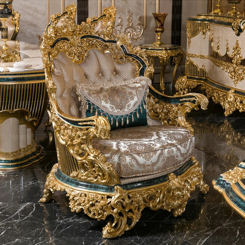 European-style palace sofa solid wood gold foil luxury sofa large villa living room sofa coffee table combination high-end