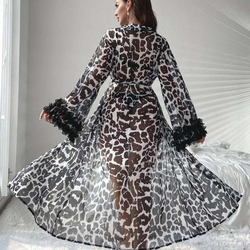 Long Robe Sleepwear Female Sexy Leopard Morning Gown Long Kimono Bathrobe Gown Women Satin Nightwear Nightgown Loungewear