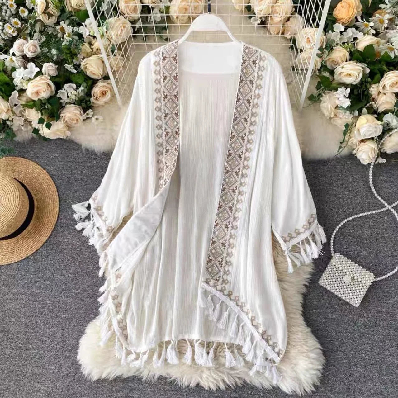 WeHello 2023 Summer Beach Kimono Women Bohemian Cover Up Long Fashion Embroidery Poncho Cardigan Tassel Chiffon Shirt