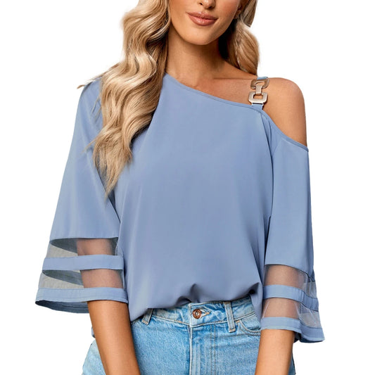 Women's Cold Shoulder Mesh Panel 3/4 Bell Sleeve Casual Top Blouse Shirt Summer Loose Fitting Chiffon Blous