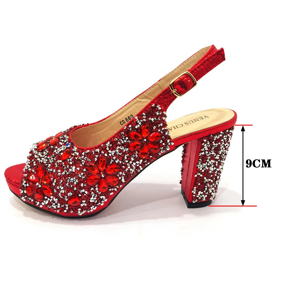 Venus Chan African Fashion Wedding High Heel Sandals 2022 Italian Full Diamond Design Red Color Party Women Shoes