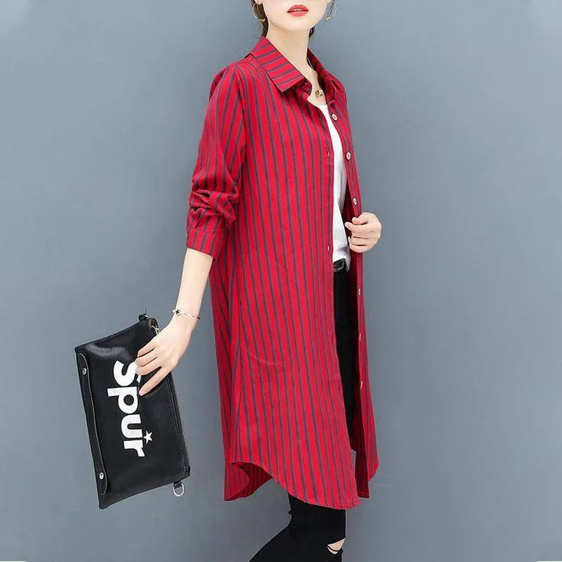 Casual Korean Midi Striped Print Shirt for Female Turn-down Collar Single-breasted Fashion Long Sleeve Blouse Women's Clothing