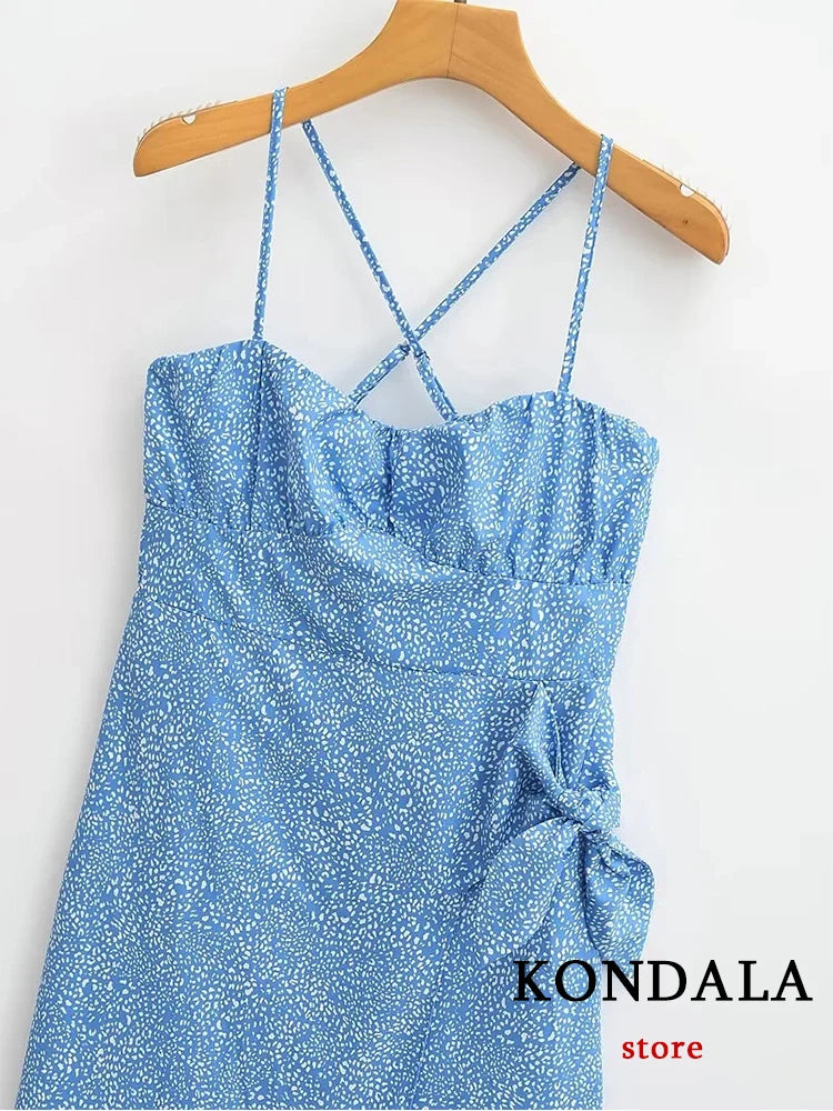 KONDALA Vintage Sexy Print Dot Sheath Split Cami Long Women Dress Fashion 2023 Summer Asymmetrical  Backless Party Strap Vestido