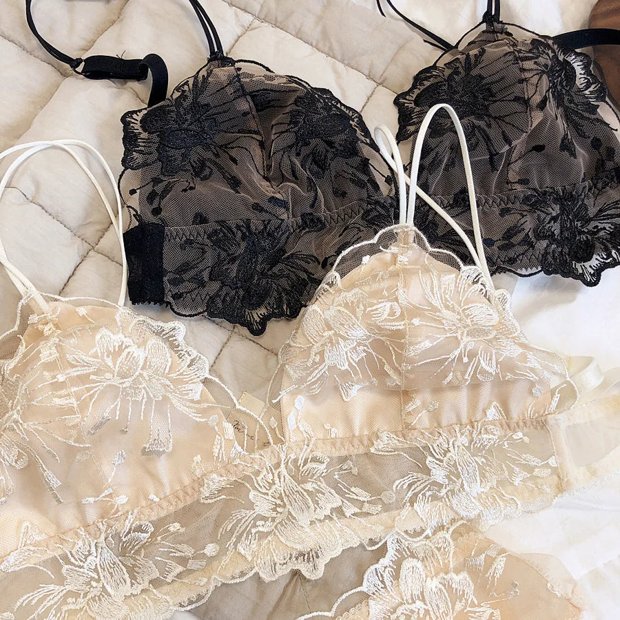 Small Ultra-Thin Bra Set Wireless Bralette Panties Triangle Cup Lingerie For Women Sexy Satin Vintage Lace Princess Underwear