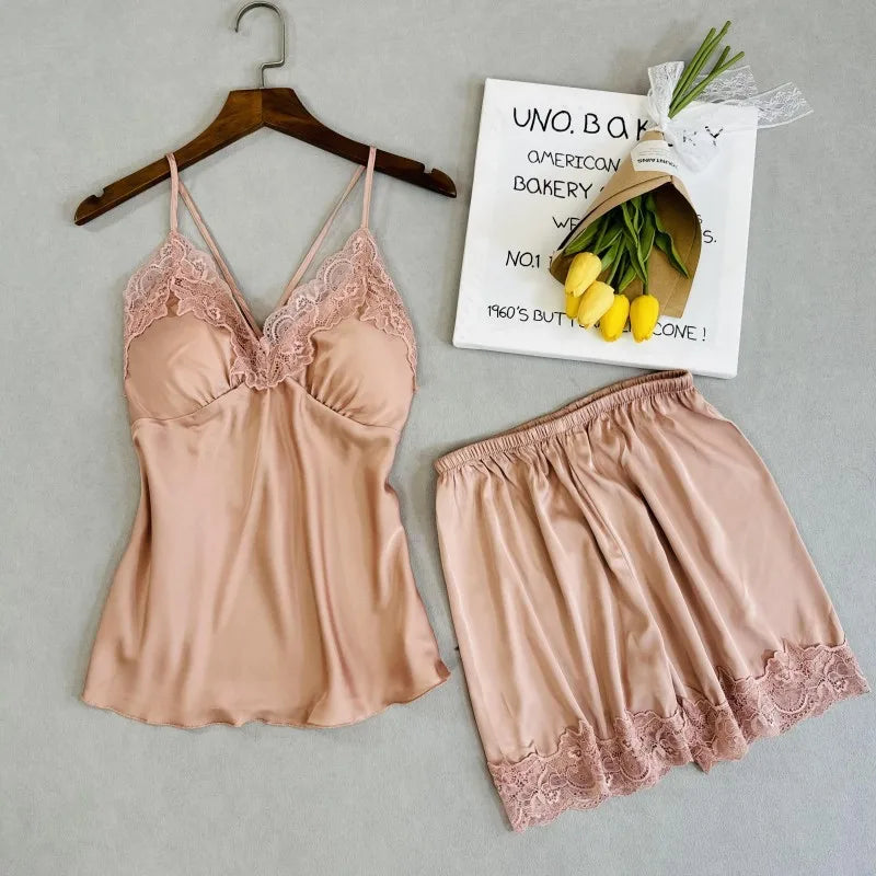 Wedding Bridesmaid Team Pajamas Set Lace Patchwork Home Clothes Ice Silk Pyjamas Suit Women Sleepwear Sexy Cami Top&pants