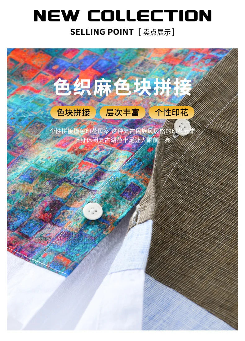 100% Linen Yarn-dyed Patchwork Men's Shirts 2024 Spring New Fashion Artsy Blouse for Youth Man Casual Loose Long Sleeve Tops