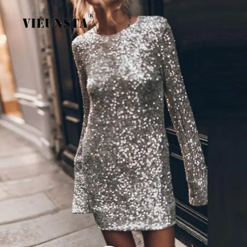 2024 Women Glitter Party Cocktail Party Dress Fashion Long Sleeve Backless Dress Temperament Elegant Sexy Sequined Evening Dress