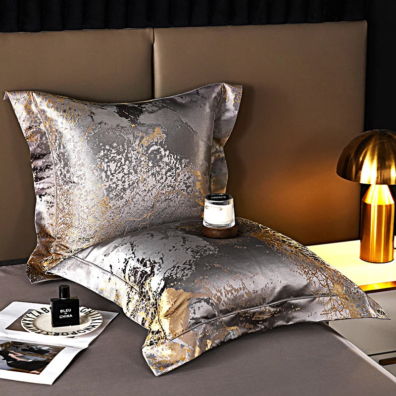 Luxury Silver Gray gold Satin Jacquard Bedding Set 1000TC Egyptian Cotton Queen King Size Duvet Cover Set Bed Sheet Pillowcases