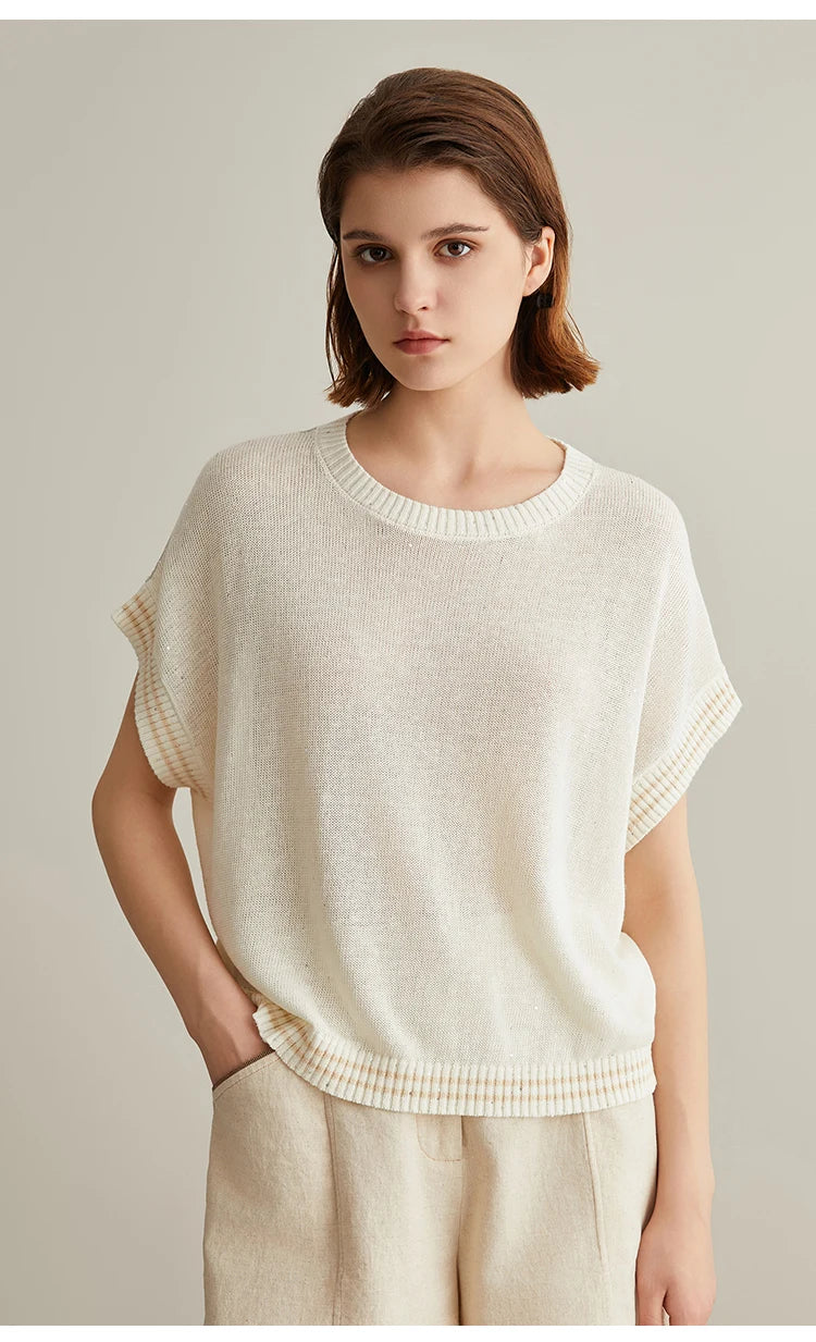 BC656 Western Style Luxury Brand Women's Clothing Summer Sequin Ladies Knitted Pullover 100% Linen Sweaters For Women