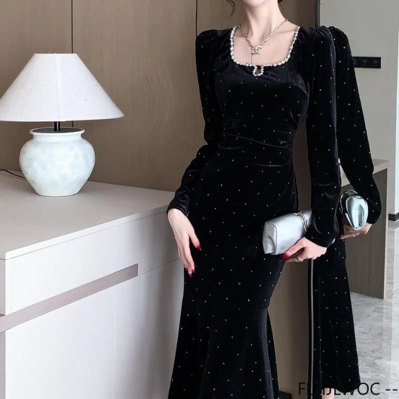 New Year Retro Vintage French Design Dresses Women Elegant Annual Meeting Hollow Out Black Bling Bead Party Long Fishtail Dress