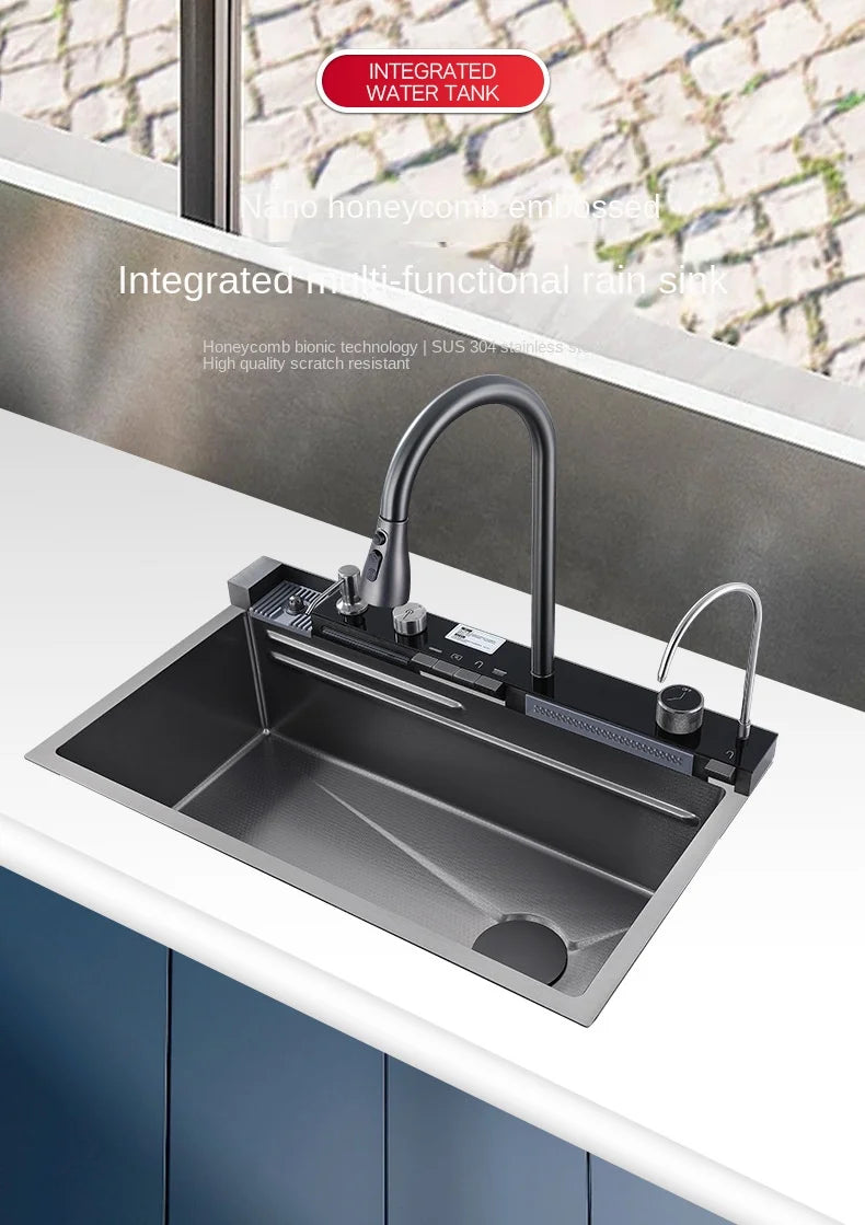 304 Stainless Steel Kitchen Sink Double Waterfall Single Slot Integrated Digital Display Faucet Set Soap dispenser Cup Washer