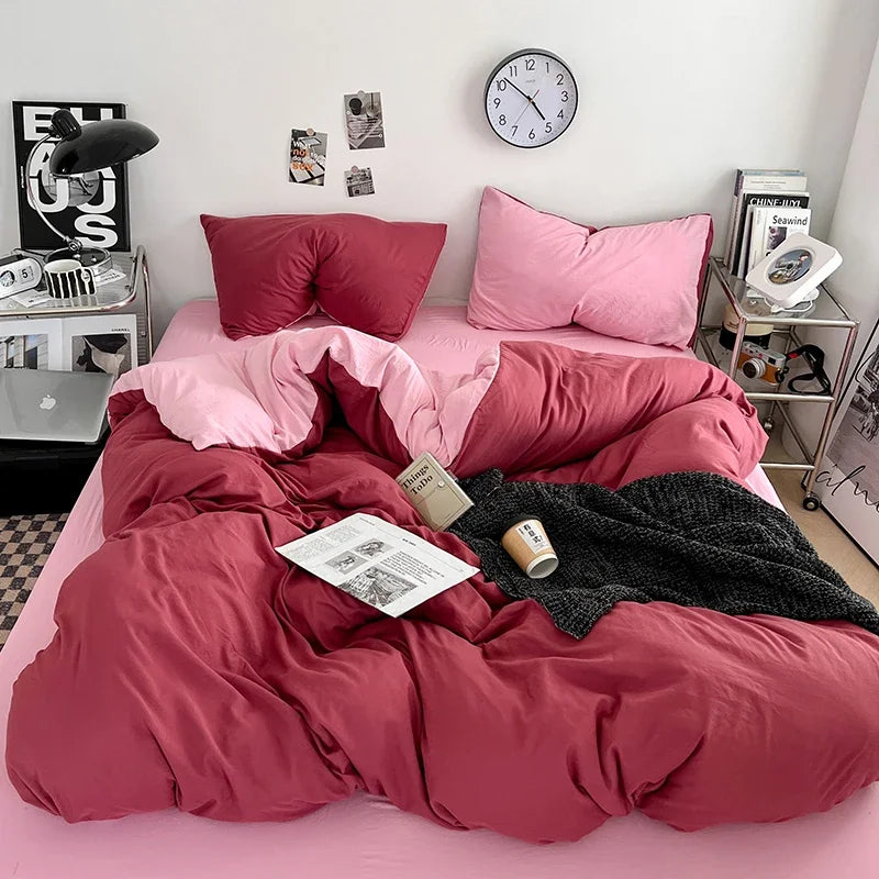 Solid Color Duvet Cover Set 100% Washed Cotton Bedding Set Super Soft Comfortable Lightweight Comforter Cover with 2 Pillowcases