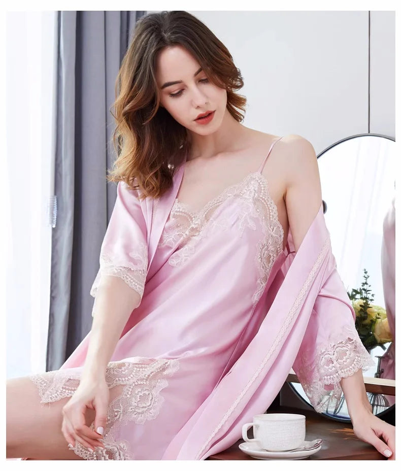 19 momme Pure Silk Lace Chemise Nightgown and Robe Set Ladies Two-Piece Luxury Satin Home Suit for Women Sexy Silk Pajamas Woman