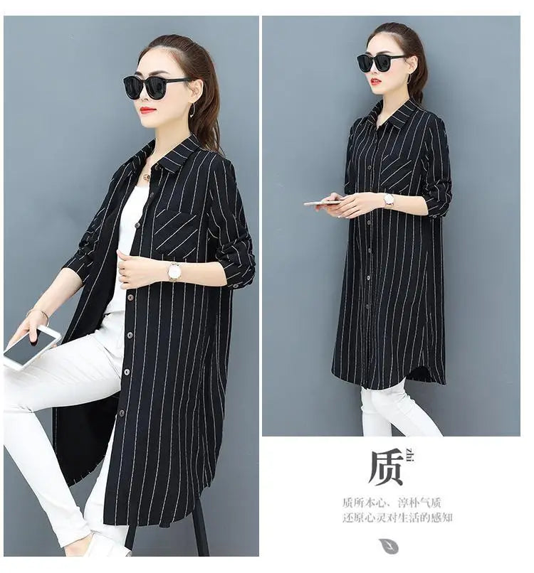 Casual Korean Midi Striped Print Shirt for Female Turn-down Collar Single-breasted Fashion Long Sleeve Blouse Women's Clothing