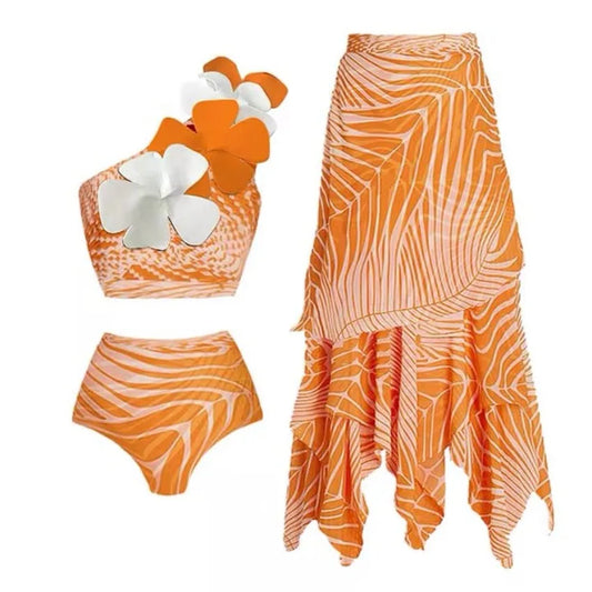 Women Floral Bikinis Set One Shoulder Two Pieces Swimwear with Sarong Cover Ups Pareo Bathing for Summer Holiday Luxury suit