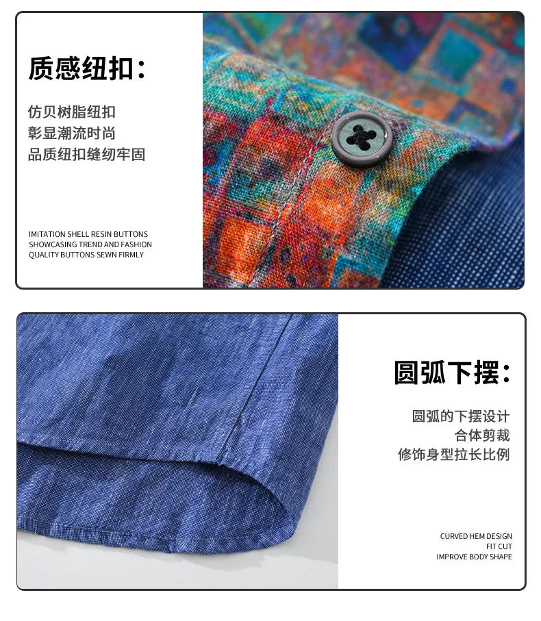 100% Linen Yarn-dyed Patchwork Men's Shirts 2024 Spring New Fashion Artsy Blouse for Youth Man Casual Loose Long Sleeve Tops