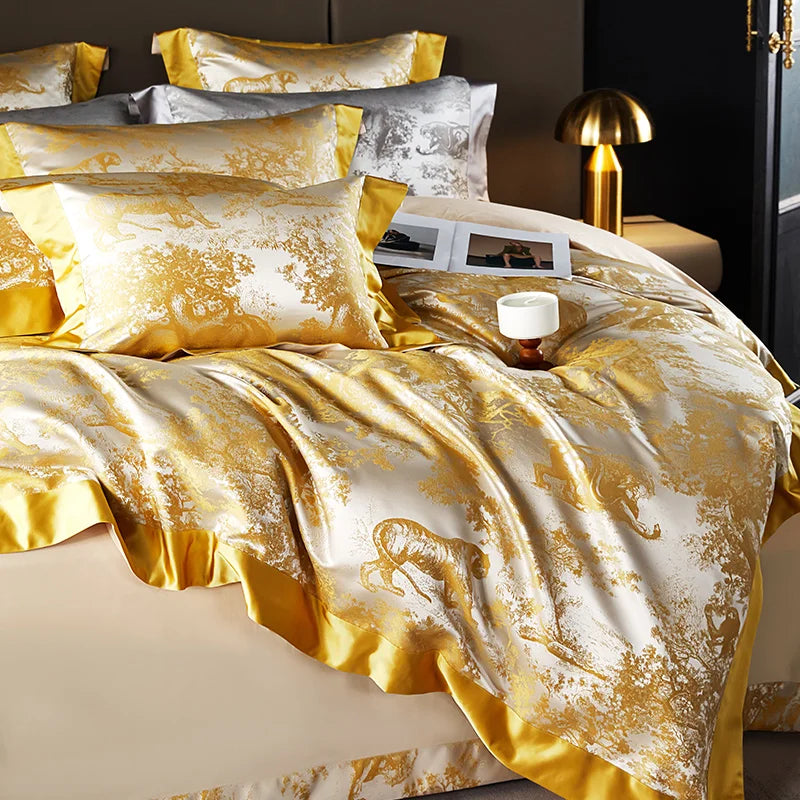 Luxury Golden Brocade Jacquard Cotton Bedding Set Duvet Cover Linen Fitted Sheet Pillowcases Home Textile