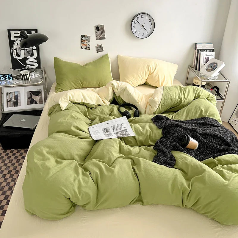 Solid Color Duvet Cover Set 100% Washed Cotton Bedding Set Super Soft Comfortable Lightweight Comforter Cover with 2 Pillowcases