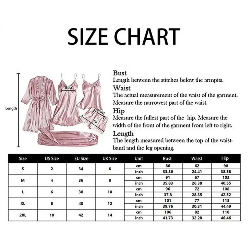 5Pcs Ice Silk Robe Sleep Pajama Set Women's Ventilate Lace Satin Pajamas Gown V-Neck Casual Wear Home Nightwear Spring Sleepwear