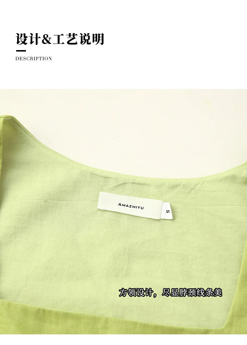 100% Linen White Crop Top 2024 Summer Vintage Square Collar Sleeveless Streetwear Green Top Fashion Clothing