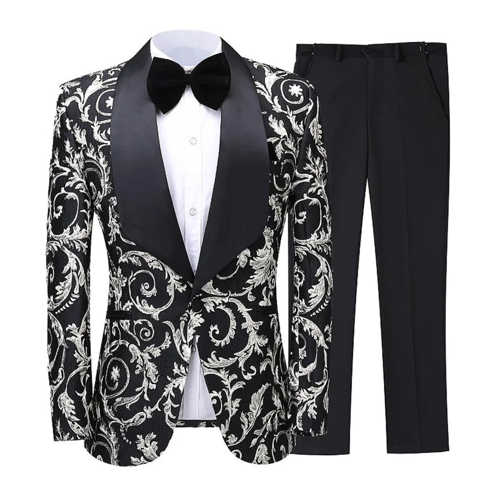 2-Piece Men's Printed Single Row One Button Suit Slim Korean Formal Dress For Groomsmen Wedding Clothing (Blazer+Pants)
