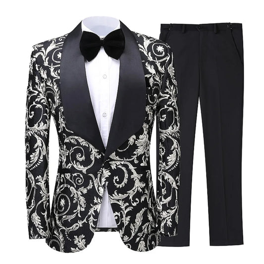 2-Piece Men's Printed Single Row One Button Suit Slim Korean Formal Dress For Groomsmen Wedding Clothing (Blazer+Pants)