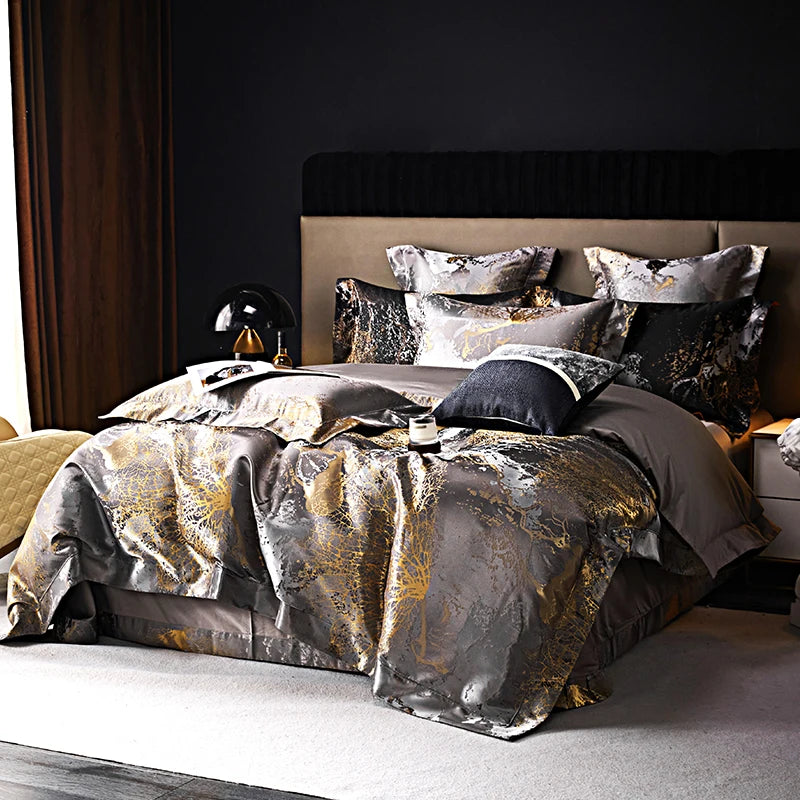Luxury Silver Gray gold Satin Jacquard Bedding Set 1000TC Egyptian Cotton Queen King Size Duvet Cover Set Bed Sheet Pillowcases
