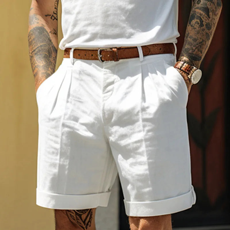 2024 America and Europe Style Casual Linen Beach Shorts Men's Stand Pocket Classic Basic Shorts Khaki White Soft Half Pants New