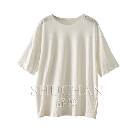 100%  Linen Knitted High-quality Casual Loose Round Neck Short-sleeved T-shirt Women Short Sleeve Shirts for Women