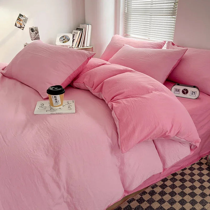 Solid Color Duvet Cover Set 100% Washed Cotton Bedding Set Super Soft Comfortable Lightweight Comforter Cover with 2 Pillowcases