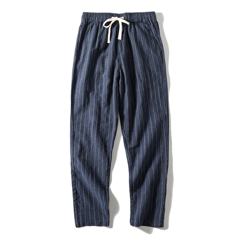 Cotton and Linen Comfortable Men's Fashion Trend Summer Pure Straight Stripe Thin Breathable Solid Color Loose Casual Pants