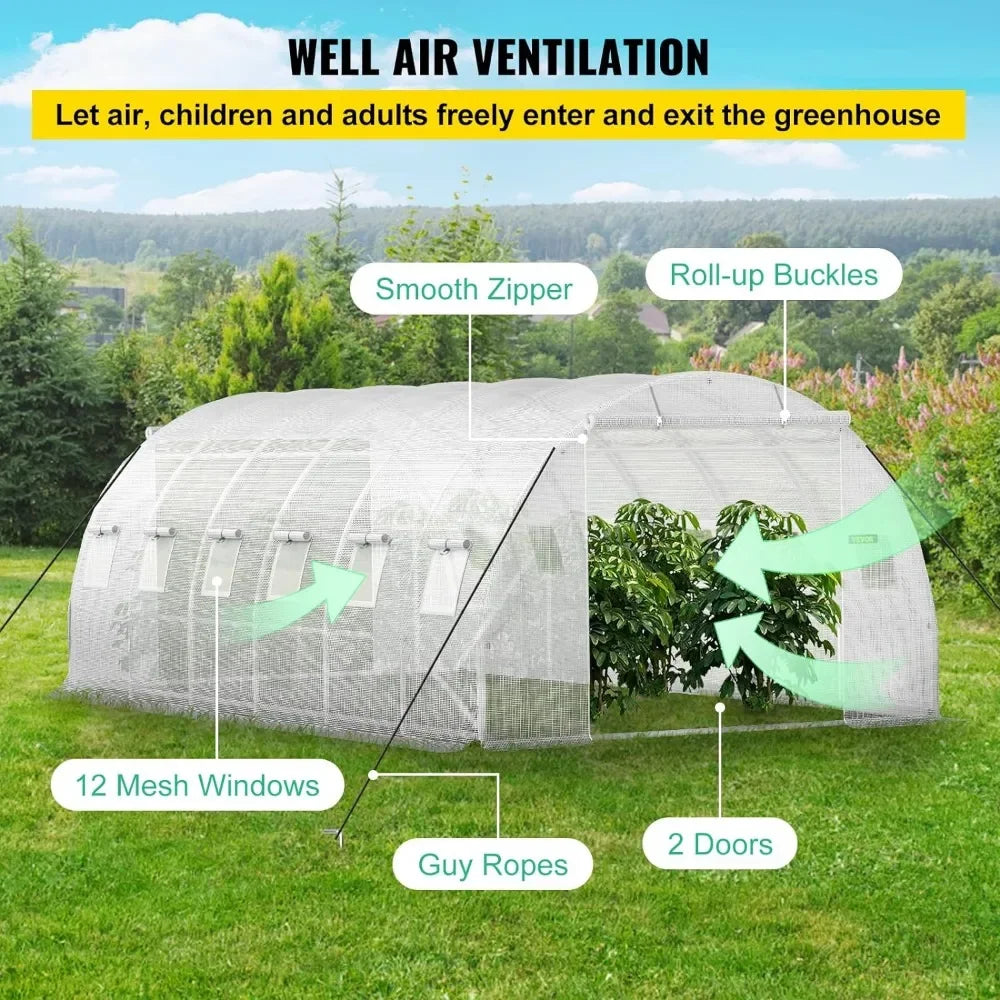 20 x 10 x 7 ft Walk-in Tunnel Greenhouse, Portable Plant Hot House w/ Galvanized Steel Hoops, 3 Top Beams, 2 Zippered Doors