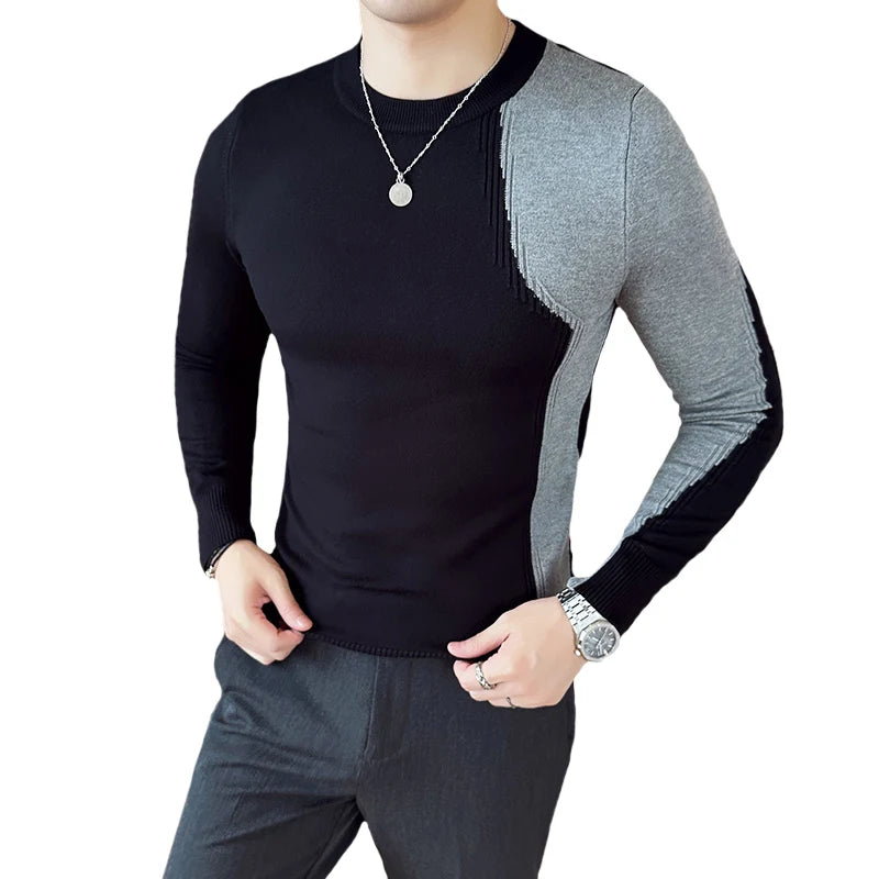 Knitwear Sweater Patchwork Color Long Sleeve Sweaters For Men Korean Luxury Clothing O-Neck Slim Fit Pullovers Pull Homme Sale