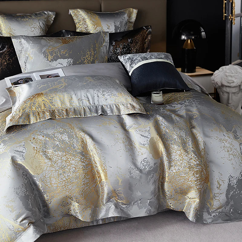 Luxury Silver Gray gold Satin Jacquard Bedding Set 1000TC Egyptian Cotton Queen King Size Duvet Cover Set Bed Sheet Pillowcases